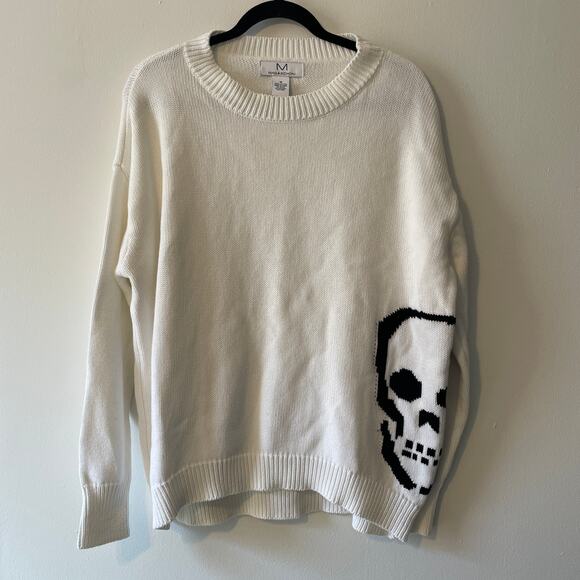 M Magaschoni White Crewneck Skull Front Graphic Sweater Ribbed Sz M 100% Cotton - Picture 2 of 8